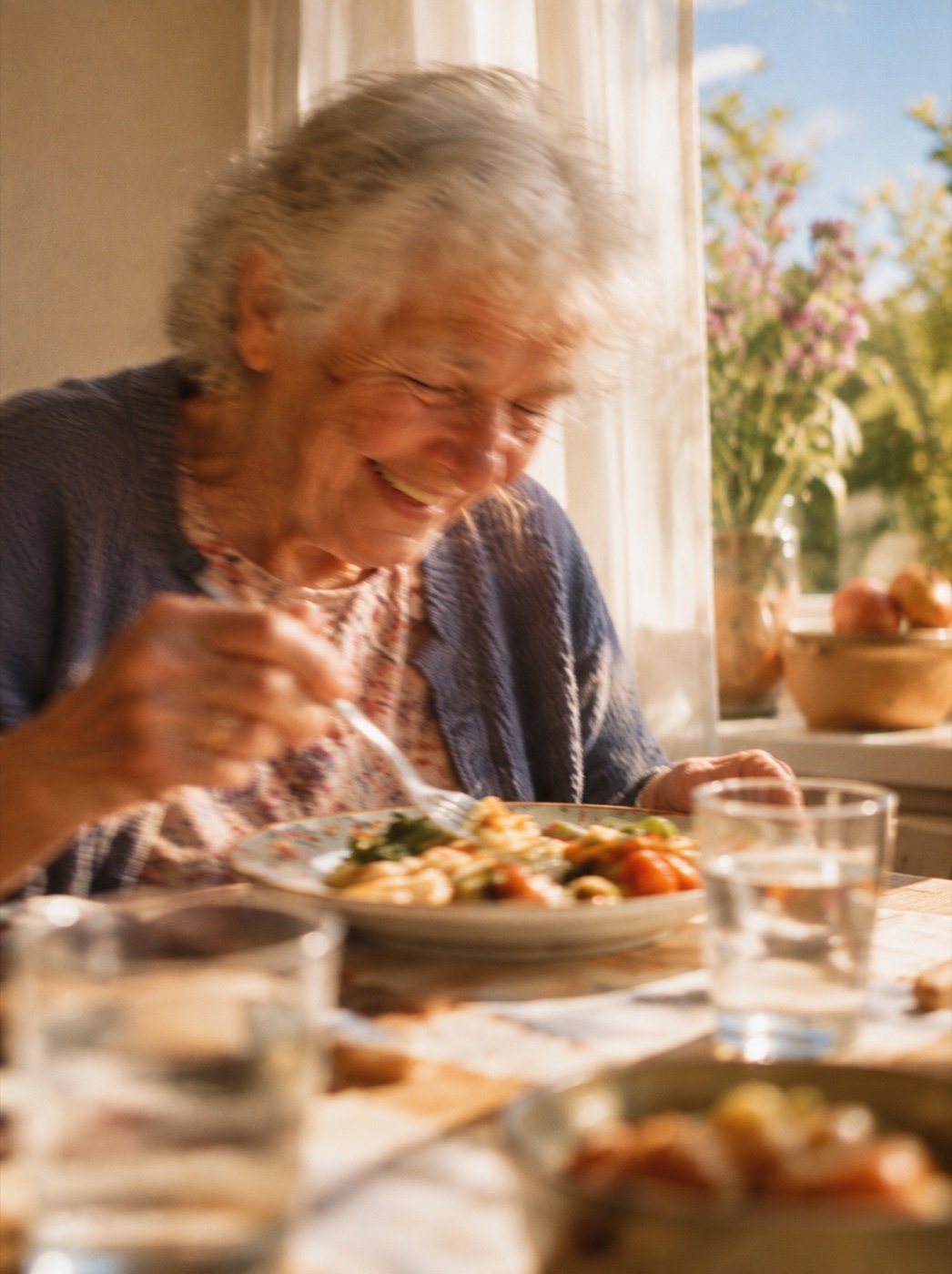 Une bénéficiaire profite de son repas